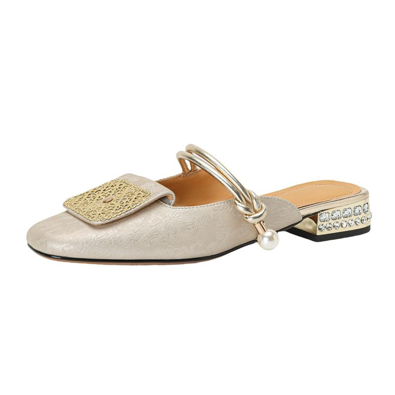 

Модные женские новые летние туфли-мюли Baotou большого размера из натуральной кожи с квадратным носком и принтом из коровьей кожи с инкрустацией бриллиантами, на низком каблуке 41 абрикосовый