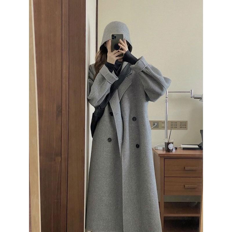 Damen Oversize Knielanger Wollmischmantel in Haferflockenfarbe Herbst Winter Leichte Schicke Oberbekleidung