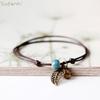 Ethnic Style Anklet For Women Vintage Bronze Leaf & Bell With Colorful Ceramic Bead Pendant On Leather Rope