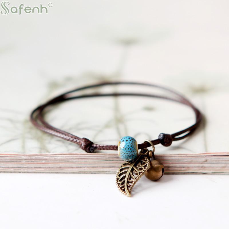Ethnic Style Anklet For Women Vintage Bronze Leaf & Bell With Colorful Ceramic Bead Pendant On Leather Rope