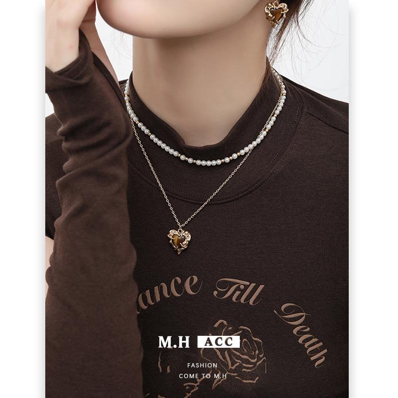 Autumn and Winter Tiger's Eye Stone Love Pearl Necklace Women's Double Layer Stacked Gold Clavicle Chain Niche Pendant