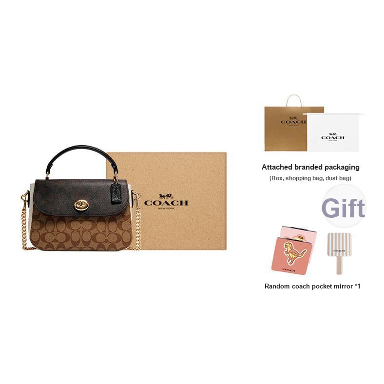 Coach Marlie 24 Color Block Turn-Lock Signature Canvas And Leather Small Cambridge Satchel Bag Women Handbags Black Dark-Brown C1563-IMNOX