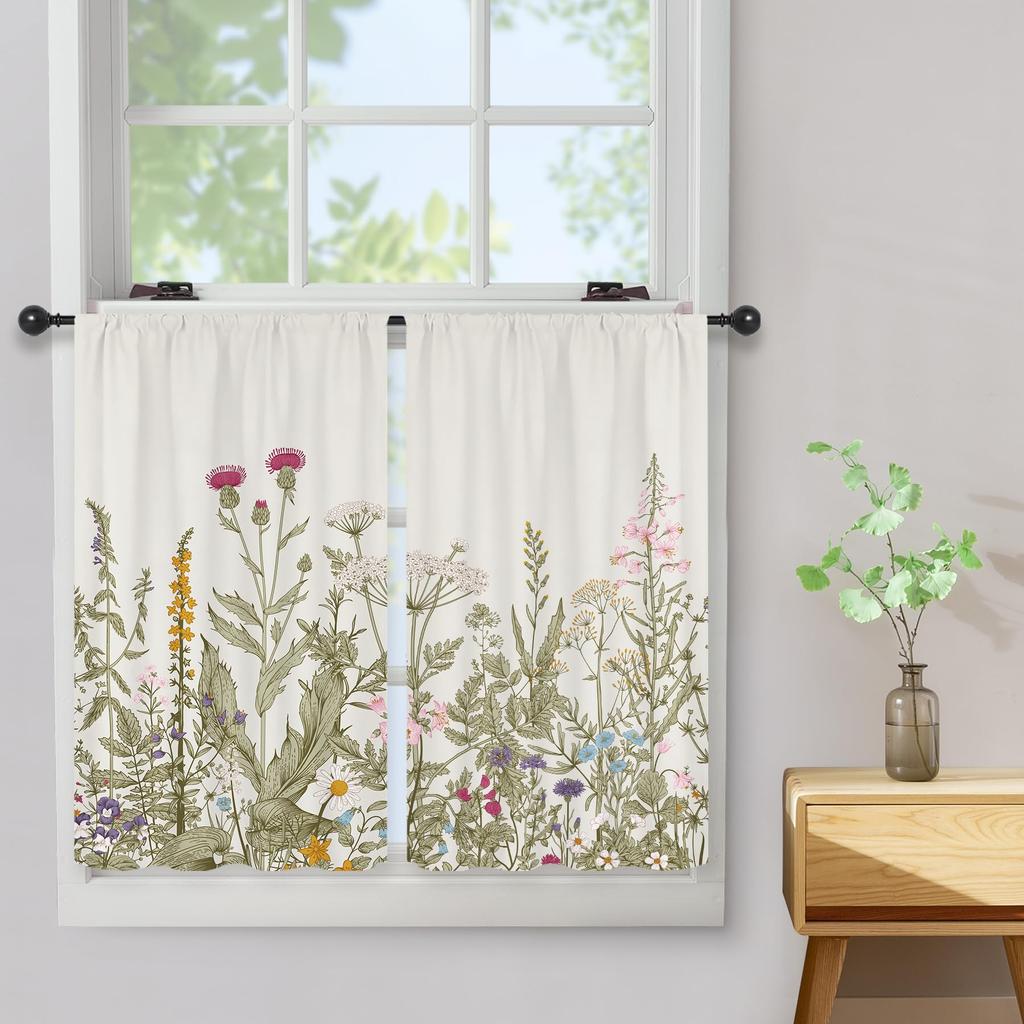 2 Vorhänge Küchengardinen Cafégardinen Grüne Blätter Pflanze Botanisch Stangendurchzug Wohnzimmer Schlafzimmer Fenster Drapierung Behandlung