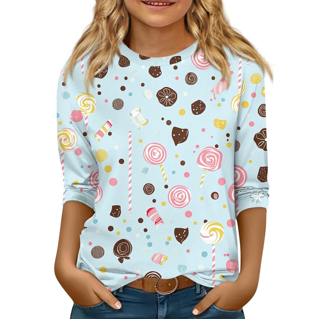 Kinder 3/4 Ärmel Tops Casual Print T-Shirt Rundhals Pullover Bluse