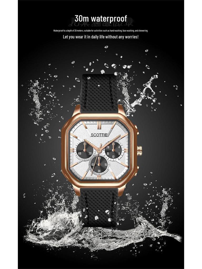 Deri Kayışlı ve Çok Fonksiyonlu Üç Gözlü Tasarımlı Trend Erkek Büyük Kadran Kare Saat