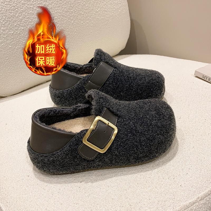 Women's Gray Winter New Woolen Inner Height Increase Cm Versatile Two Wear of Wool Shoes Plush Warm Shoes
