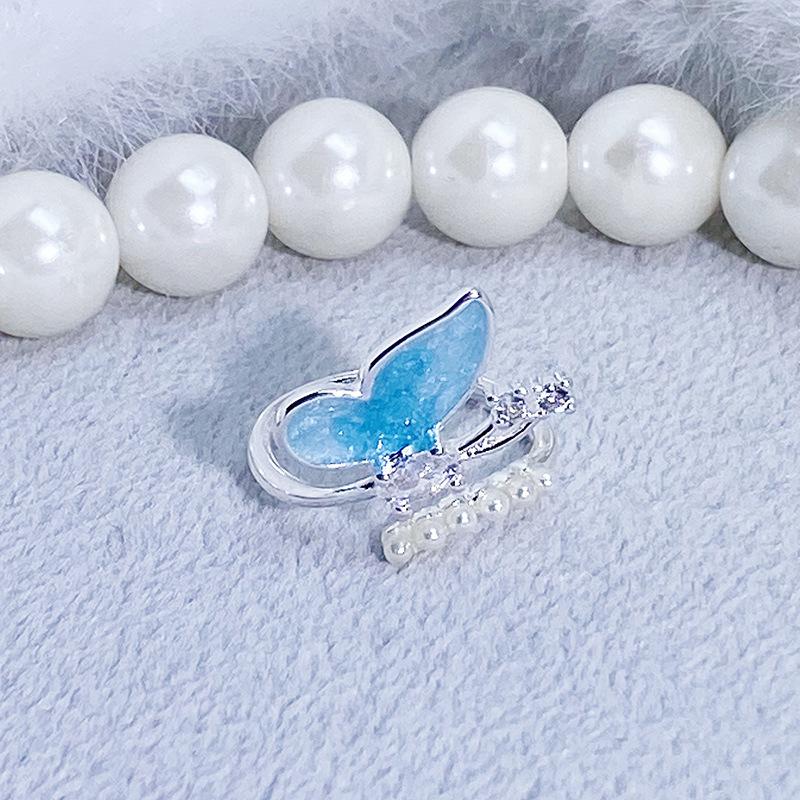 Blue Enamel Oil Drop Flower Bow Star Opening Ring Women'S Niche High-End Light Luxury Ring