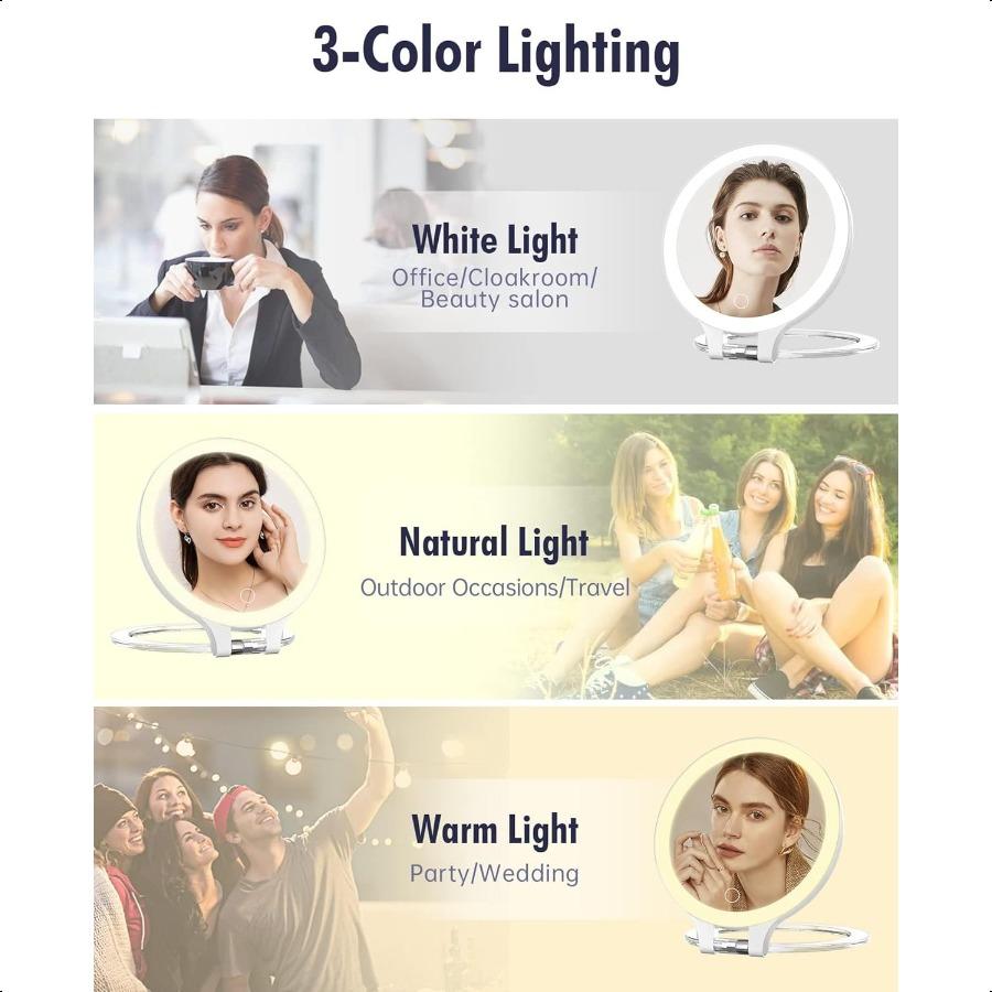 Magnifying Mirror 10X 1X Double Sided Magnification Makeup Vanity Mirror Rechargeable Lighted Mirror with 3 Color Setting Adjus