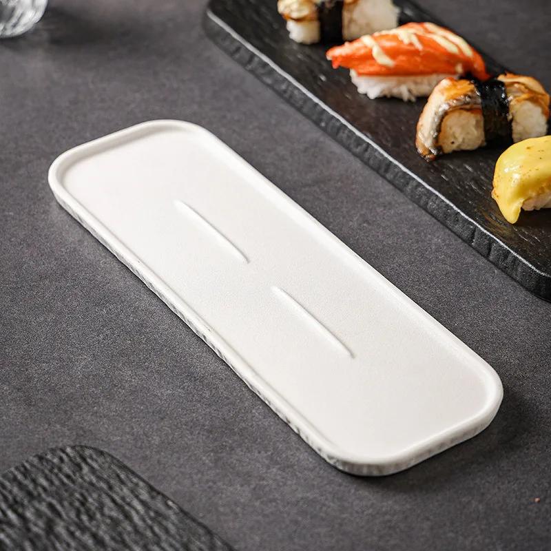 Black and white solid color rock grain rectangular plate ceramic long plate Sashimi plate inventory heart sushi utensils