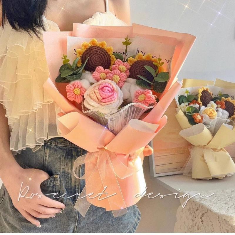 Handmade Knitted Rose & Sunflower Crochet Bouquet - Festival Gift