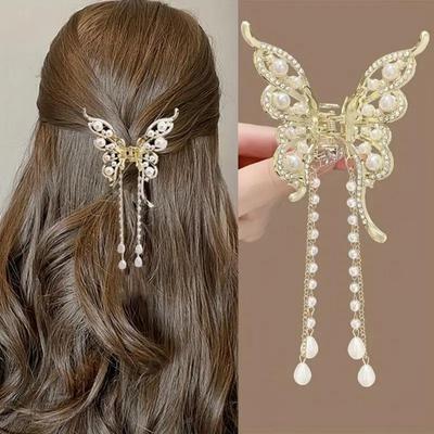 1 Pcs Fashion Exquisite Artificial Pearl Tassel Crystal Butterfly Hair Claws For Women Girls Party Hair Accessories