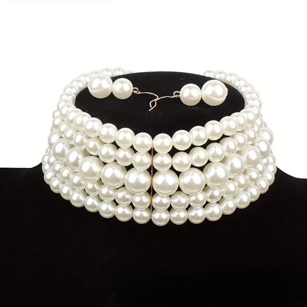 Multilayer Pearl Necklace with Geometric Rhinestone Earrings Set for Women Fashion Jewelry two piece set
