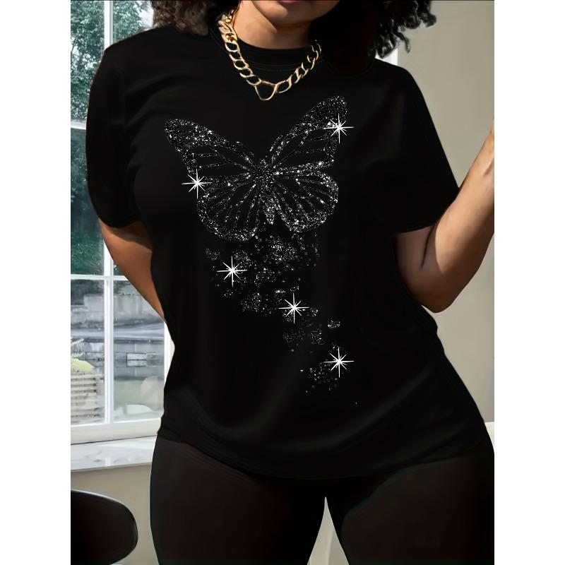 

European Size Womens Retro Glowing Golden Butterfly Heart Print T Shirt Street Trend Fashion Casual Short Sleeve Round Neck Spring Summer Top 4XL