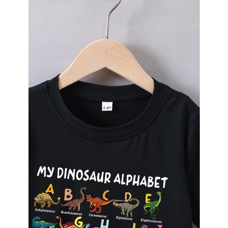 European Sizes Boys' Summer Short Sleeve "My Dinosaur Alphabet" Print T-Shirt, Perfect for Outdoor Activities, Casual Wear, Fun Design