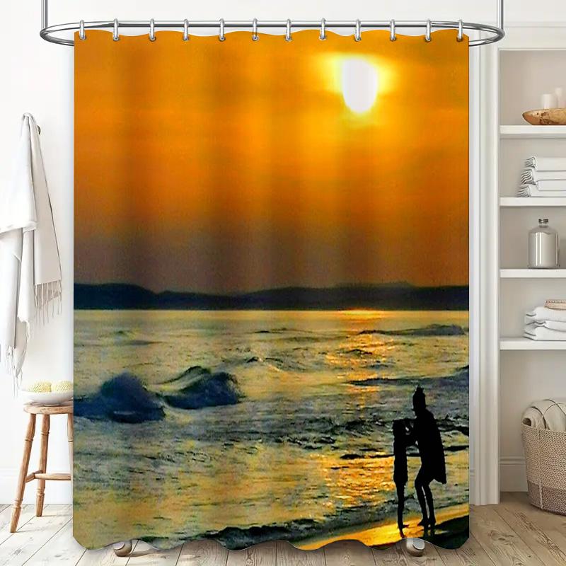 Ozean Sonnenuntergang Silhouette Badezimmer Dekor Duschvorhang Küste Meer Strand Natur Wandkunst Heimdekor Moderner Wasserdichter Stoff