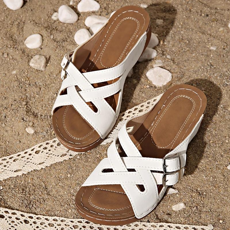 Fashion Fashion Double Buckle Platform Sandals Women Comfort Cross Strap Wedge Heel Sandals Woman Plus Size Non Slip Beach Slippers 43