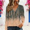Women Plus Size V Neck Long Sleeve Abstract Printed Top Eyelet Chain Lace Up Detail