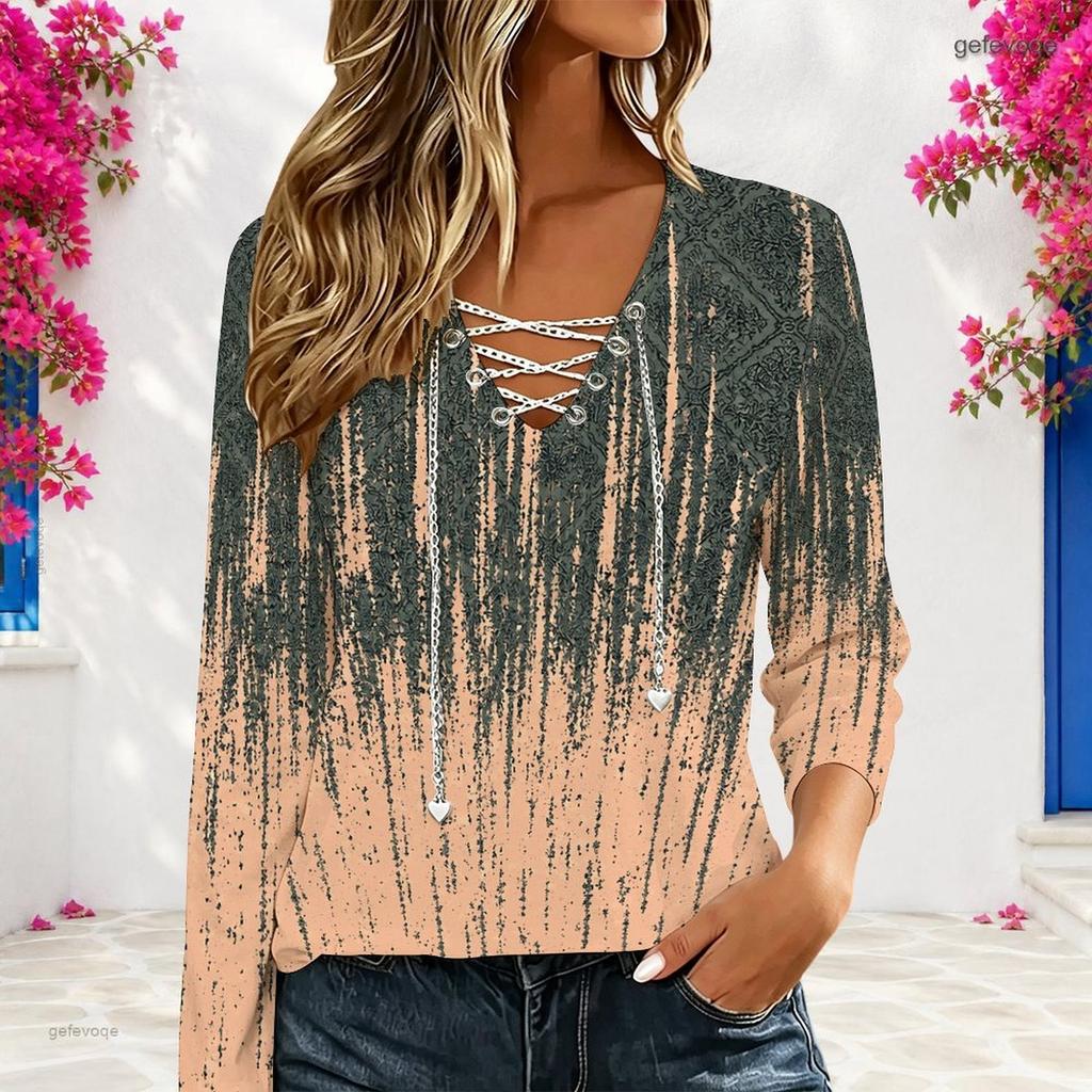 Women Plus Size V Neck Long Sleeve Abstract Printed Top Eyelet Chain Lace Up Detail