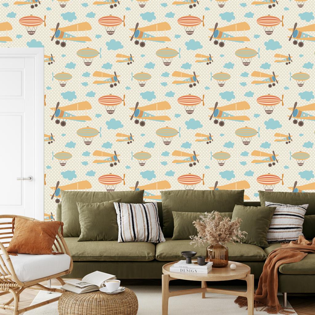 Colorful Airplanes and Clouds Wallpaper for Living Room and Bedroom 50x1000