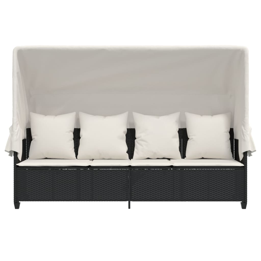 Sun Lounger with Canopy and Cushions Black Poly Rattan