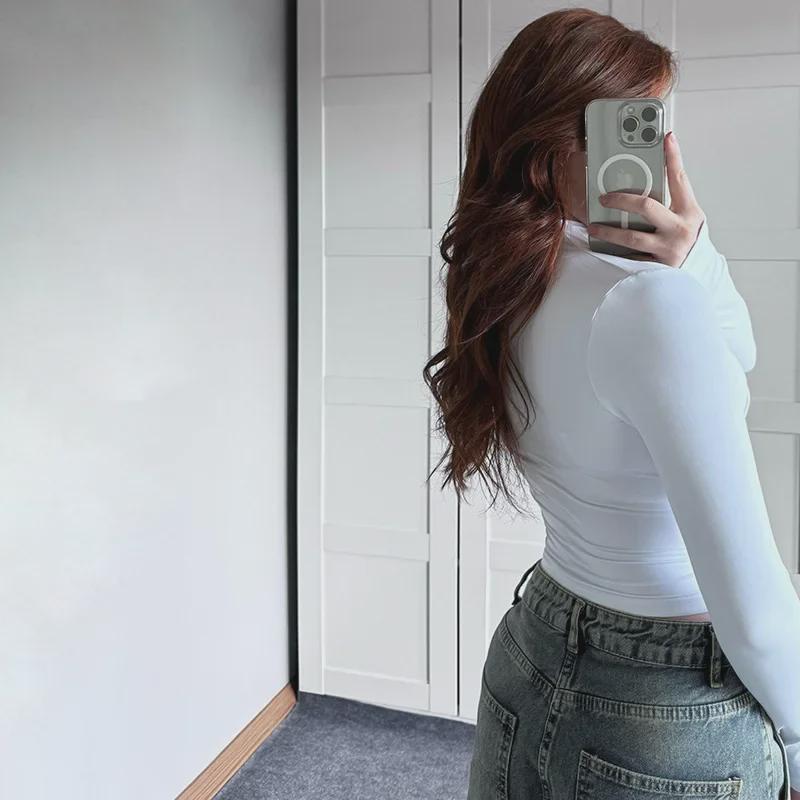 2024 Autumn/Winter Women's Slim Fit Pleated High Collar Long Sleeve Solid Color Fashion Tops