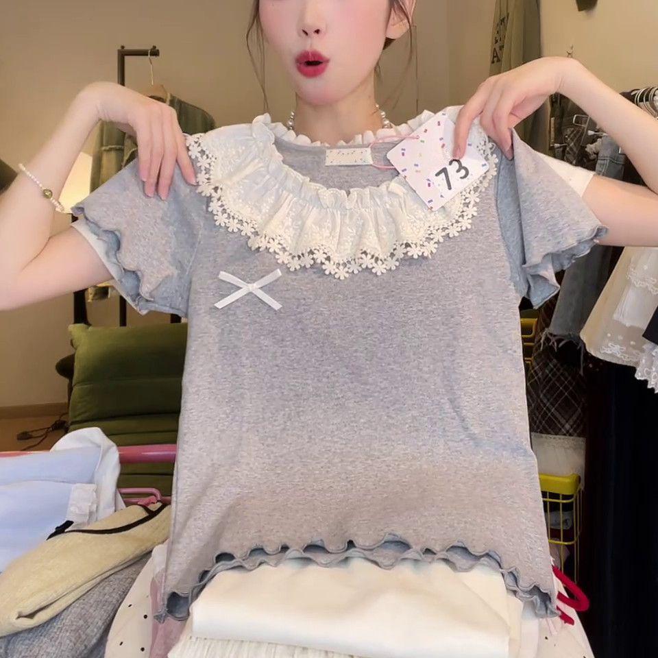 Damen Baumwollspitze Kragen Rüschen T-Shirt mit Schleife, Kurzarm, Vielseitiger Sommerstil