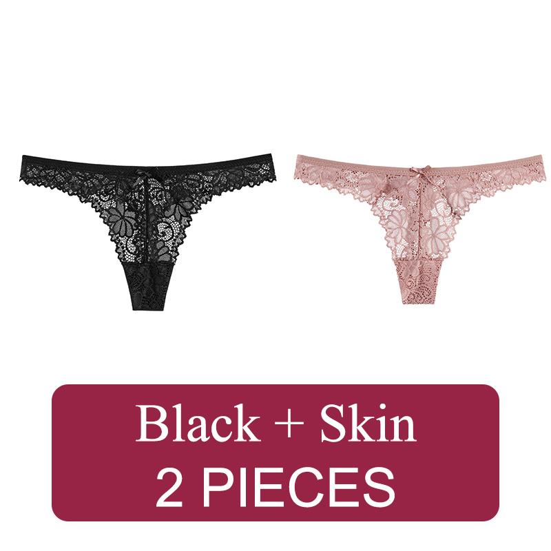 2 Pcs Sexy Lace Thong Low Waist Lace Transparent Panties Women Hollow Out Breathable G String Briefs Bow Underwear Lingerie