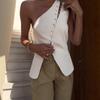 2025 summer new European and American cross-border fashion single shoulder white vest button off-the-shoulder design sexy top