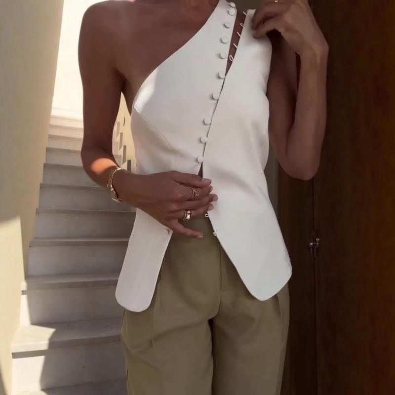 2025 summer new European and American cross-border fashion single shoulder white vest button off-the-shoulder design sexy top