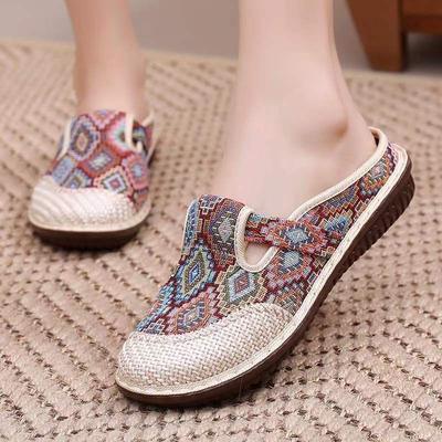 Pantofole estive in cotone e lino in stile etnico 2024, scarpe da donna traspiranti