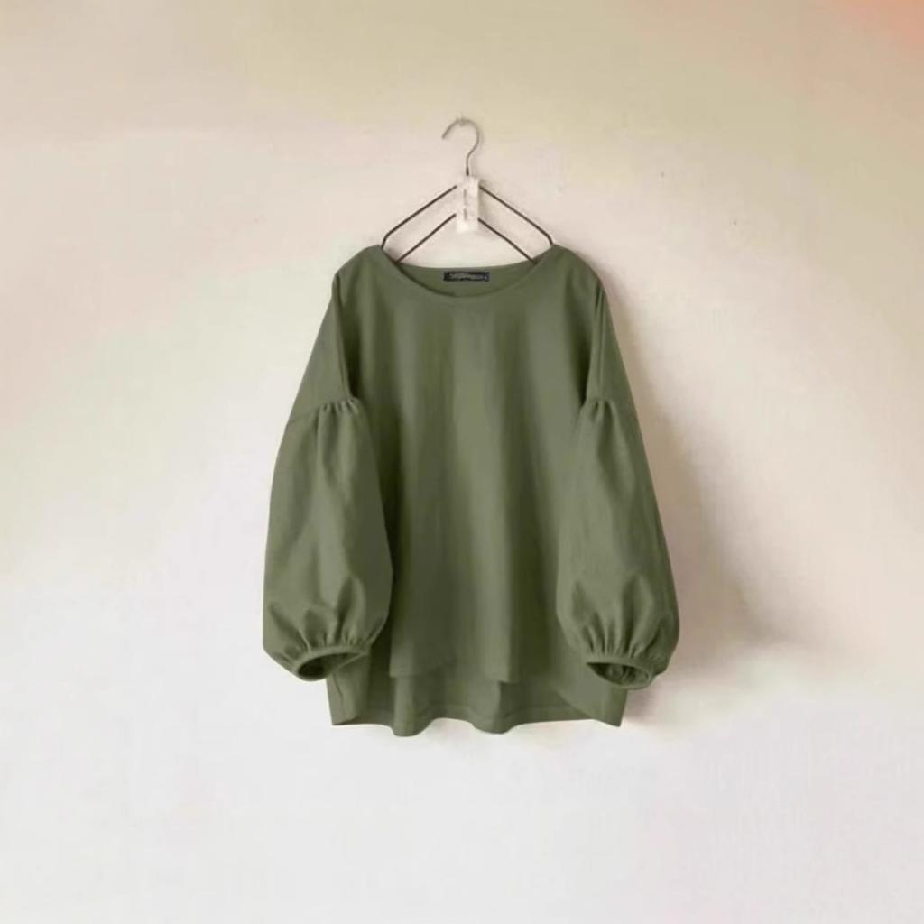 Damen Rundhals Langarm Locker Geschnitten Bluse Lässig Laternenärmel Einfarbig Vintage Oberteil