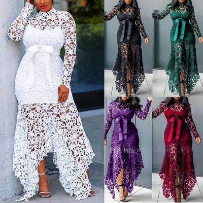 Nuevo Vestido Exterior para Mujer Wish Encaje Hueco Manga Larga Cuello Alto Cintura Atada 5 Colores Vestido Irregular