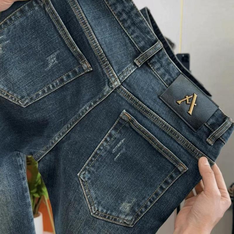 Summer thin light luxury high-end European jeans men's slim-fitting small feet elastic trend fashion washed trousers