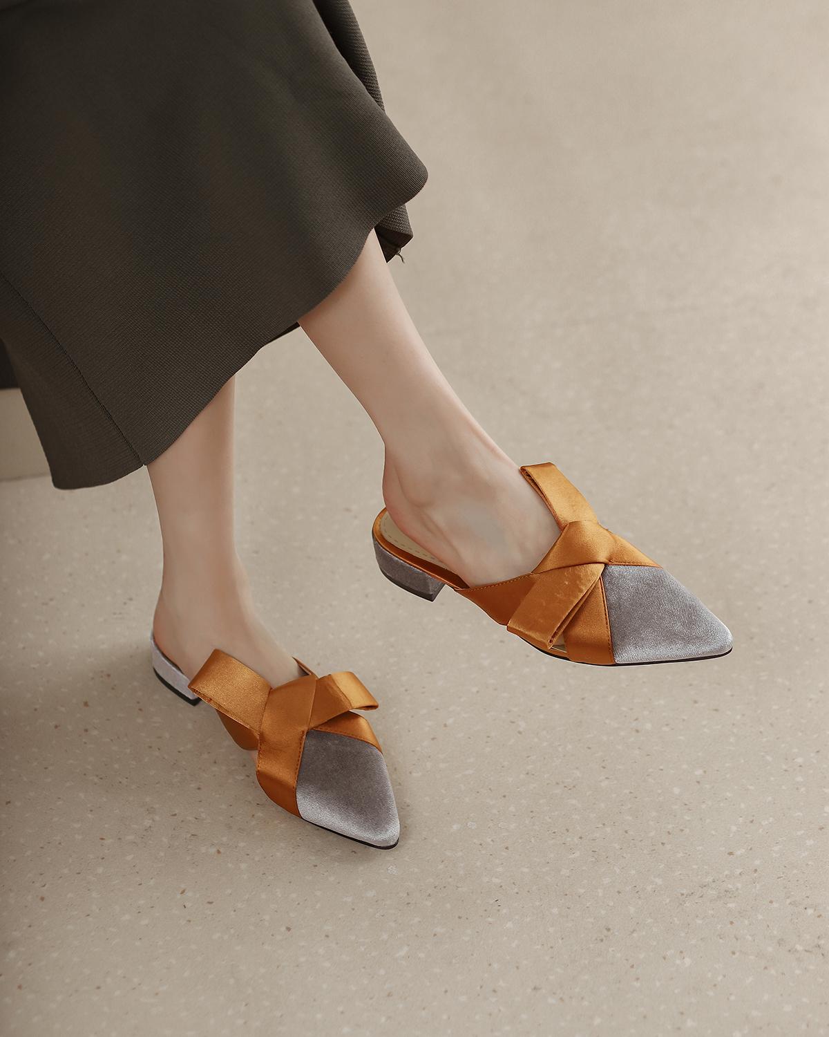 

Fashion 2024 Summer Women Shoes Pointed Toe Low Heel Slippers Fashion Shoes for Women Casual Mules for Women Butterfly-knot Lady Shoes 40 серый