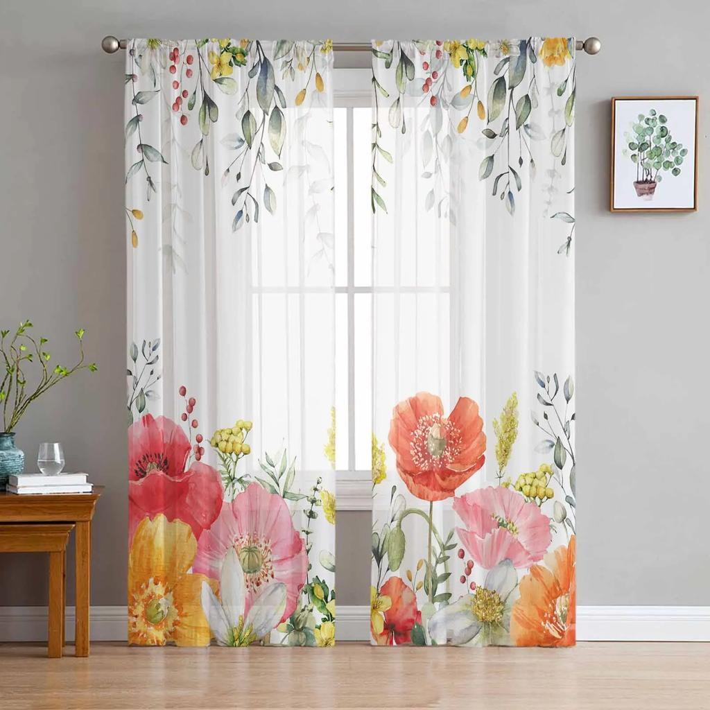 Country Style Leaves Robin Sheer Drapes for Bedroom Living Room Decoration Window Curtain Kitchen Curtain Panels