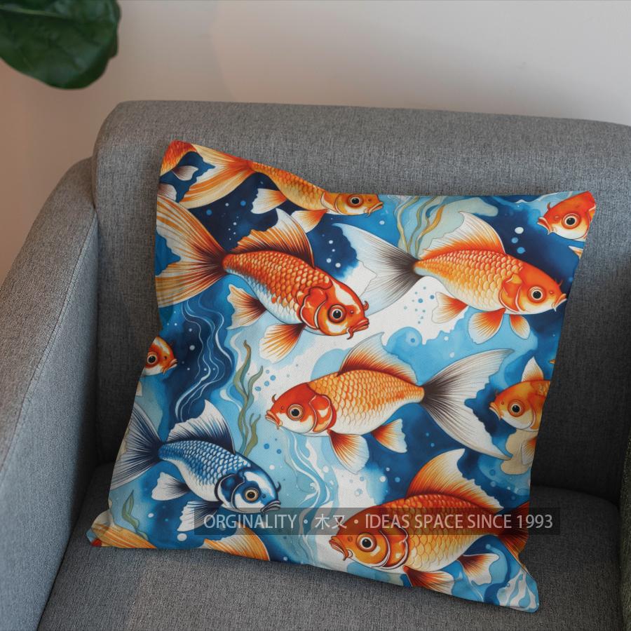 2D Colorful Koi Fish Pattern Decorative Pillow Cover Pattern Cushion Cover Suitable For Sofa Bedroom Car Pillow Cover
