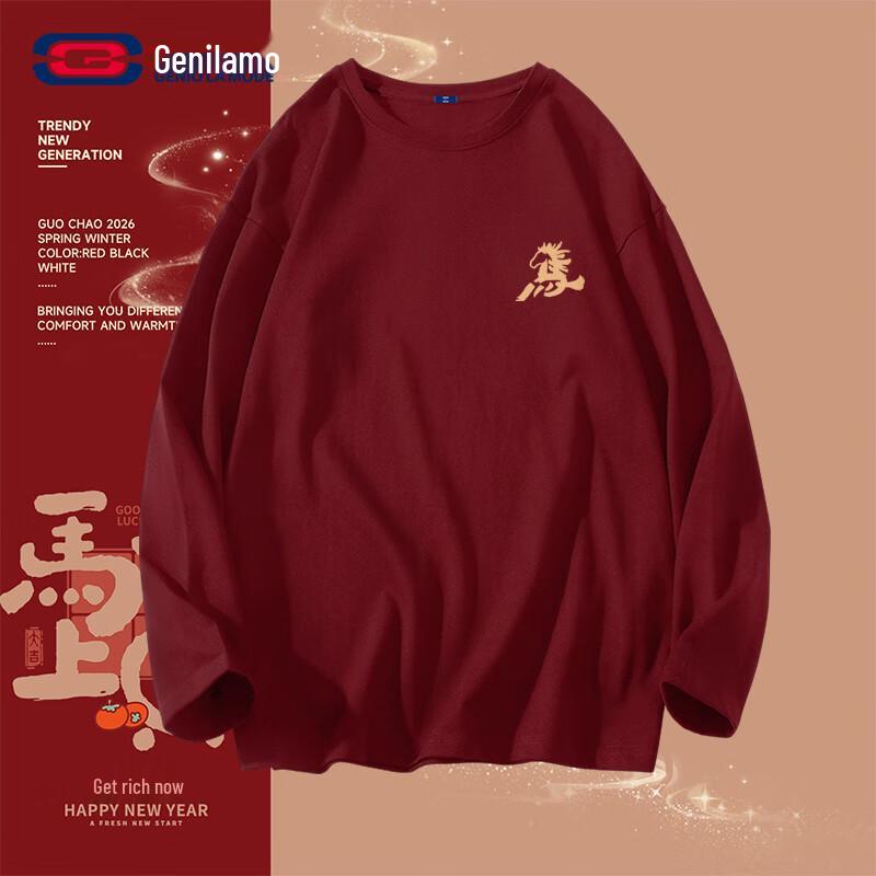 GENIOLAMODE Китайский Новый год Унисекс Красная Хлопковая Футболка с Длинным Рукавом L
