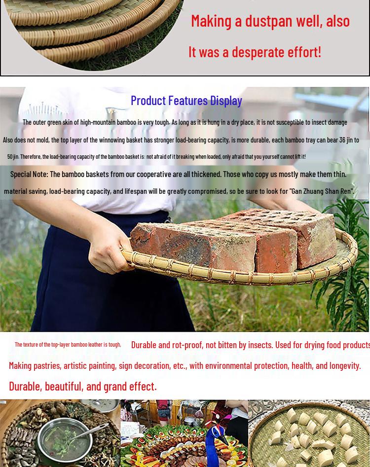 Large Handmade Bamboo Winnowing Basket - Round Woven Tray/Sieve for Drying or Decoration