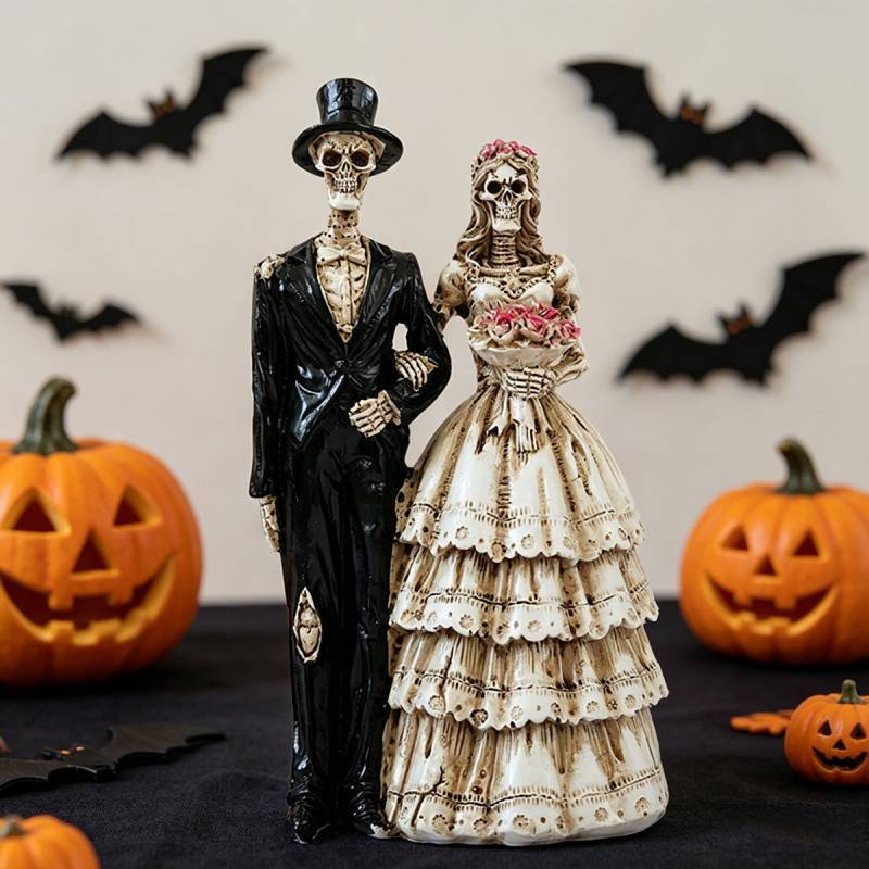 Coppia di Scheletri Classica di Halloween Statuetta in Resina per Decorazione Casa Giardino