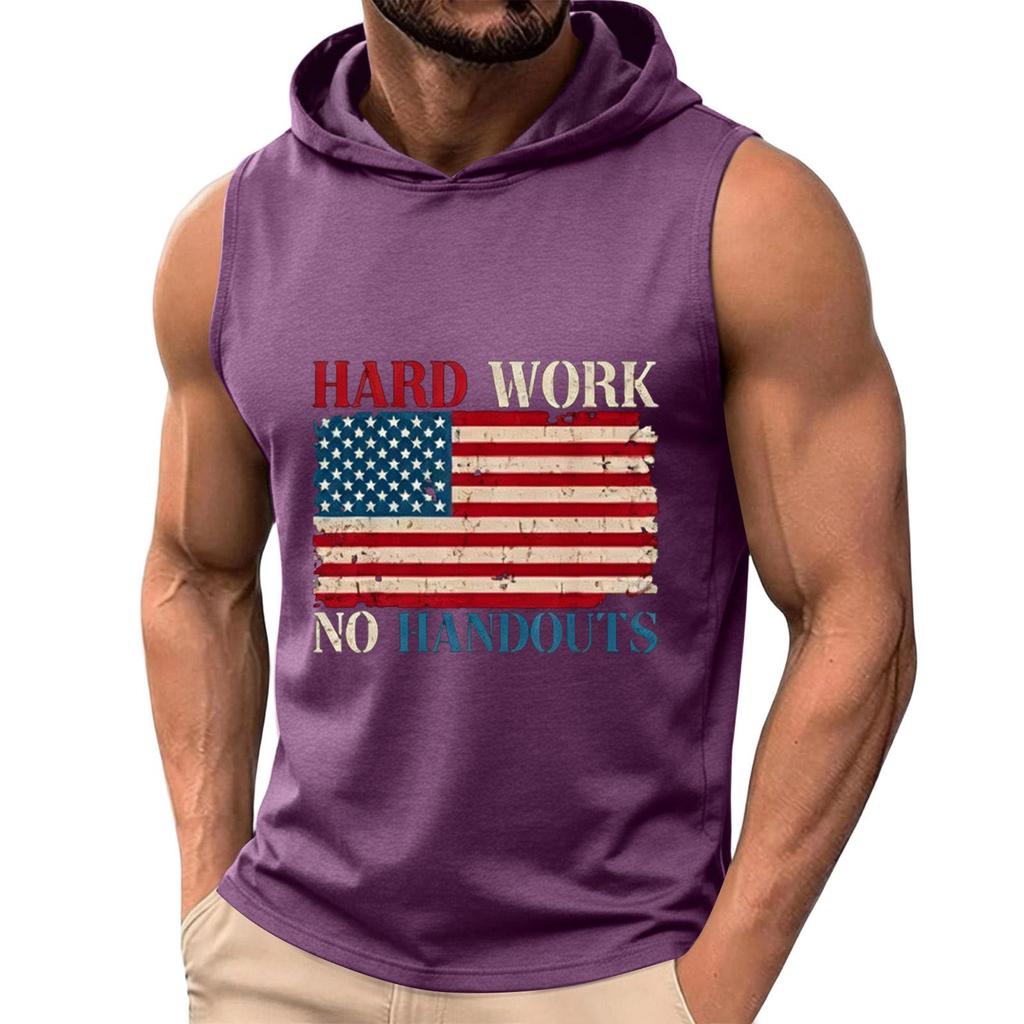 Men's Sleeveless Hoodie Tank Top Casual Muscle Shirt with American Flag Graphic Print Hard Work No Handouts Design for Summer