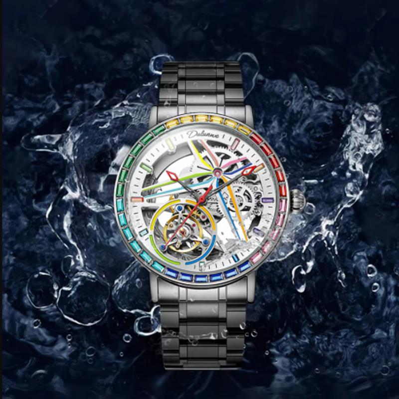 Herrenuhr Topmarke 3ATM Vollstahl Wasserdicht Automatisch Mechanisch Skelett Design Tourbillon Leuchtend Herrenuhr