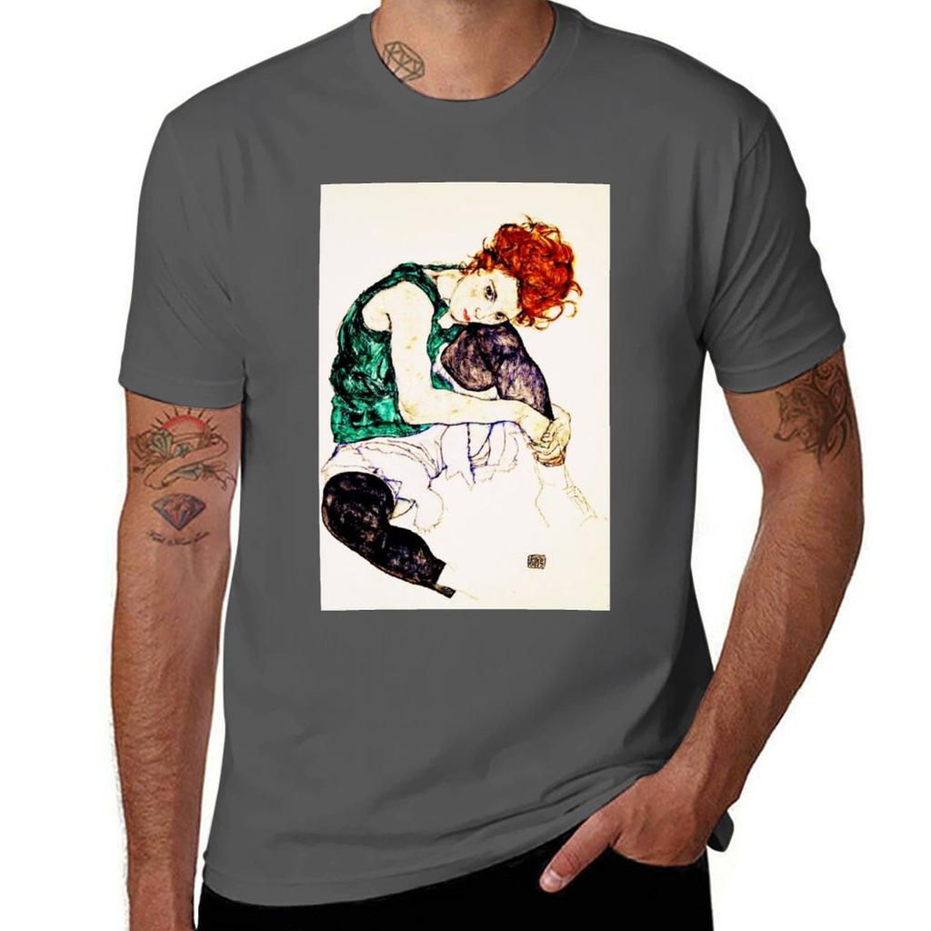 Egon Schiele Seated Unisex with Legs Drawn up TShirt Active Sports Short Sleeve Cotton Shirt