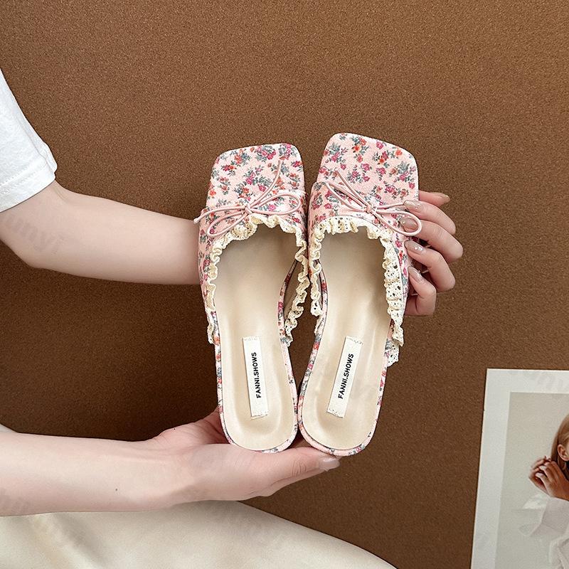 Fashion 2025 Summer New Women's High-heel Casual Sandals Elegant French Style Lace Bow Open Toes Slippers Comfortable Fashion Cool Shoes