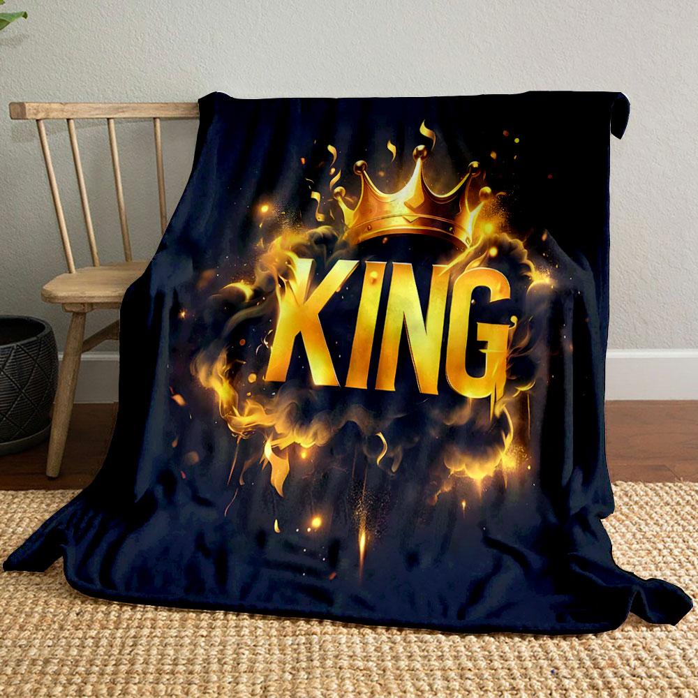 Golden "King" with Crown and Flames print blanket soft and cozy perfect for the living room bed sofa or a nap,gift