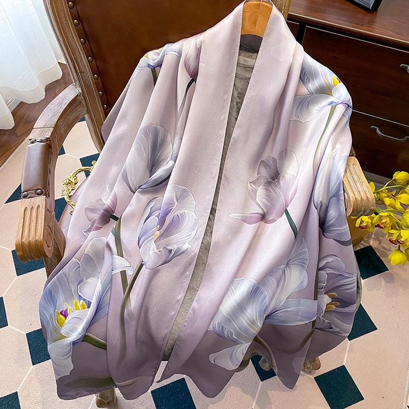 Luxury Brand 100% Real Silk Scarf Women Designer Shawls and Wraps Elegant Floral Print Pashmina Soft Long Scarves Femme Hijab