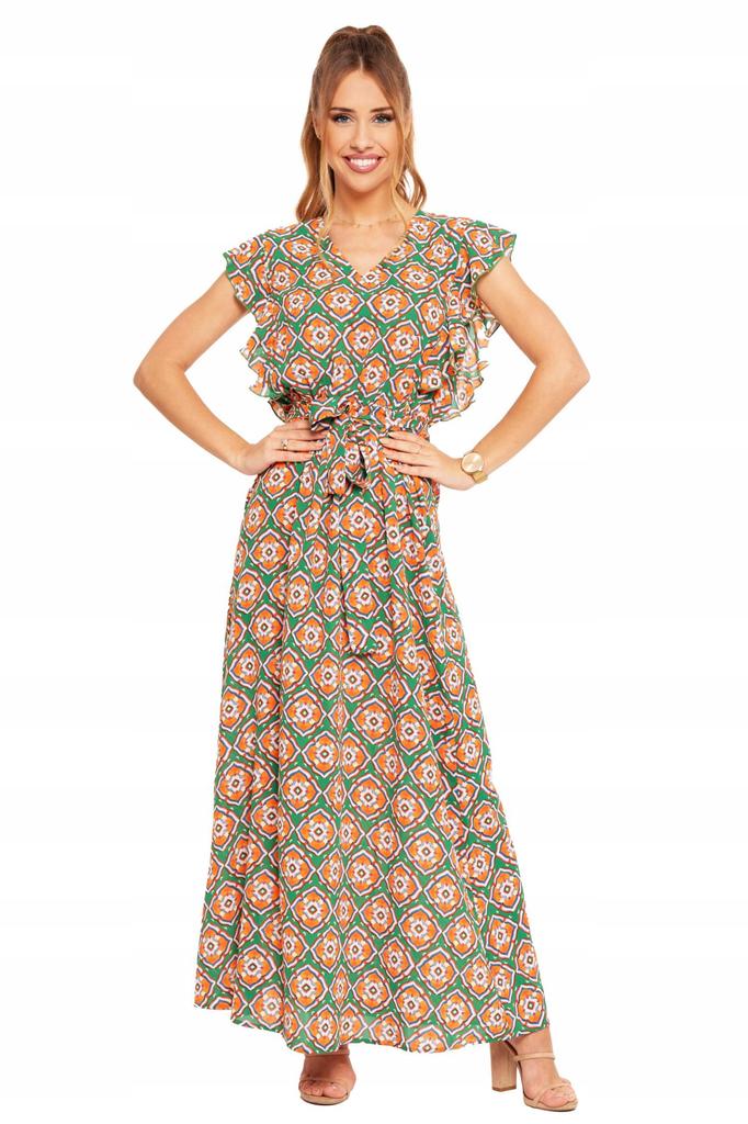 FASHIONABLE WOMEN'S LONG EVERYDAY SUMMER DRESS BUTTERFLY SLEEVE MORAJ PATTERN XL Green