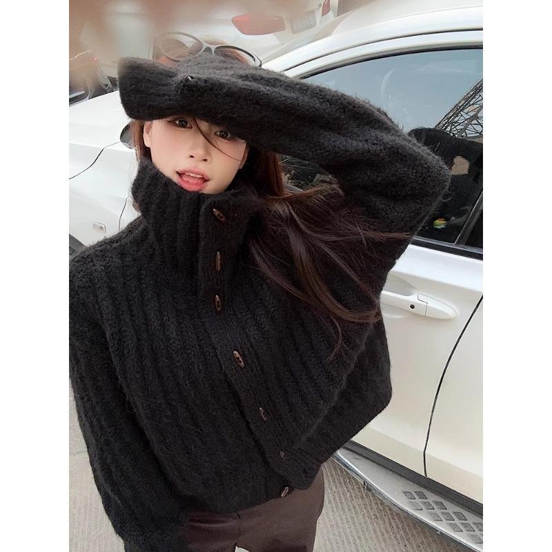 Fashion Elegant Loose Turtleneck Women's Sweater 2025 Korean Style Vintage Cardigan Knitted Jackets Winter Casual Thickened Knitwear Top Clothing