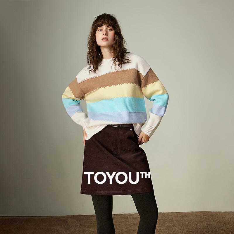 Chuyu Women s Dopamine Colorful Striped Round Neck Knit Sweater L