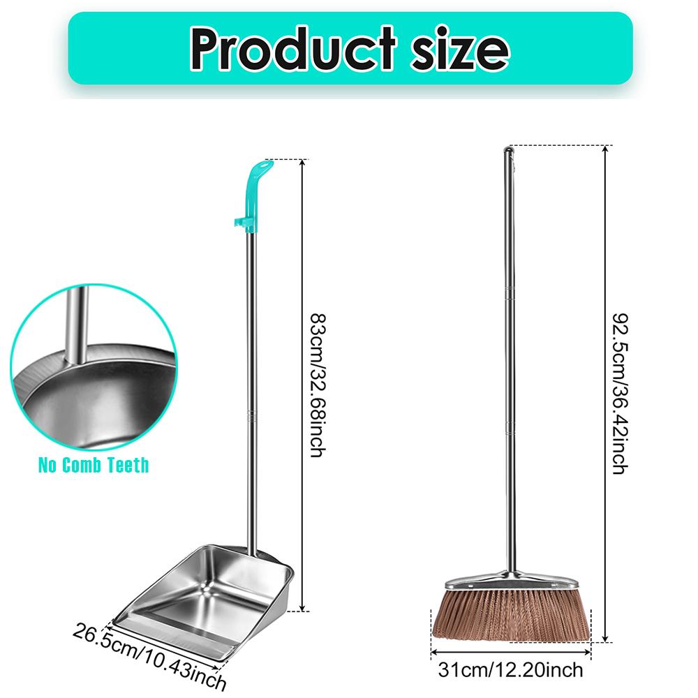 

Stainless Steel Broom Dustpan Set Heavy Duty Dust Pan with Comb Teeth Long Handle Rust-proof Clean Tools for Home Indoor Outdoor