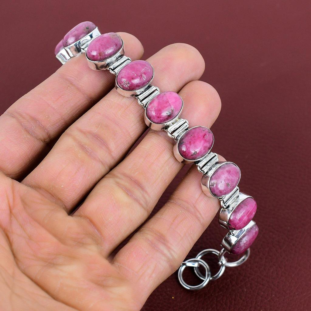 Rhodonite gemstone bracelet handmade unique design jewelry 925 sterling silver bracelet adjustable chain bracelet gifts for her boho jewelry